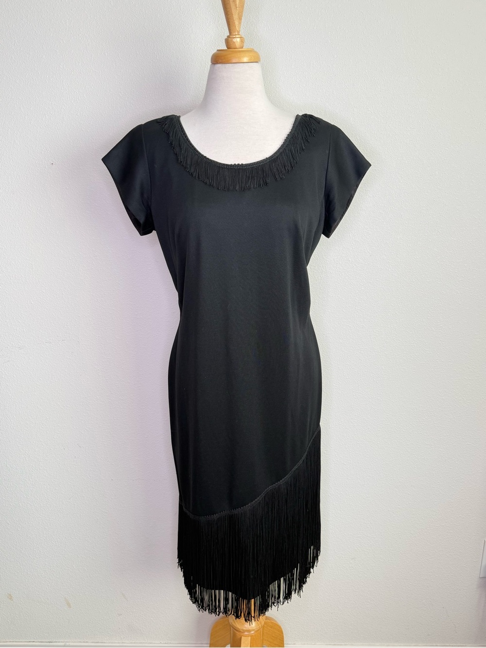 Vtg Union Made Dress USA Black Fringe Scoop Neck Women's Elegant Evening Flapper